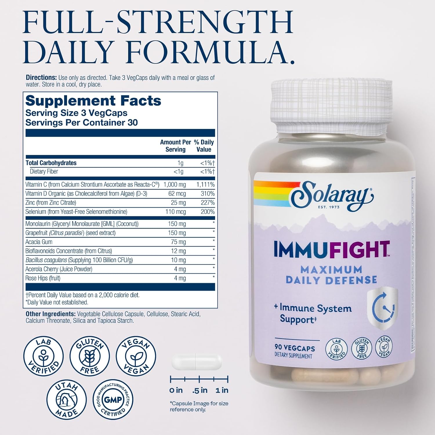 SOLARAY Immufight Maximum Daily Defence - Immune Support with Vitamin C, D, Zinc, Probiotics & Monolaurin - Vegan & Gluten-free - 90 VegCaps (30 Servings) - görsel 2