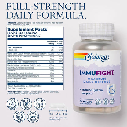 SOLARAY Immufight Maximum Daily Defence - Immune Support with Vitamin C, D, Zinc, Probiotics & Monolaurin - Vegan & Gluten-free - 90 VegCaps (30 Servings)
