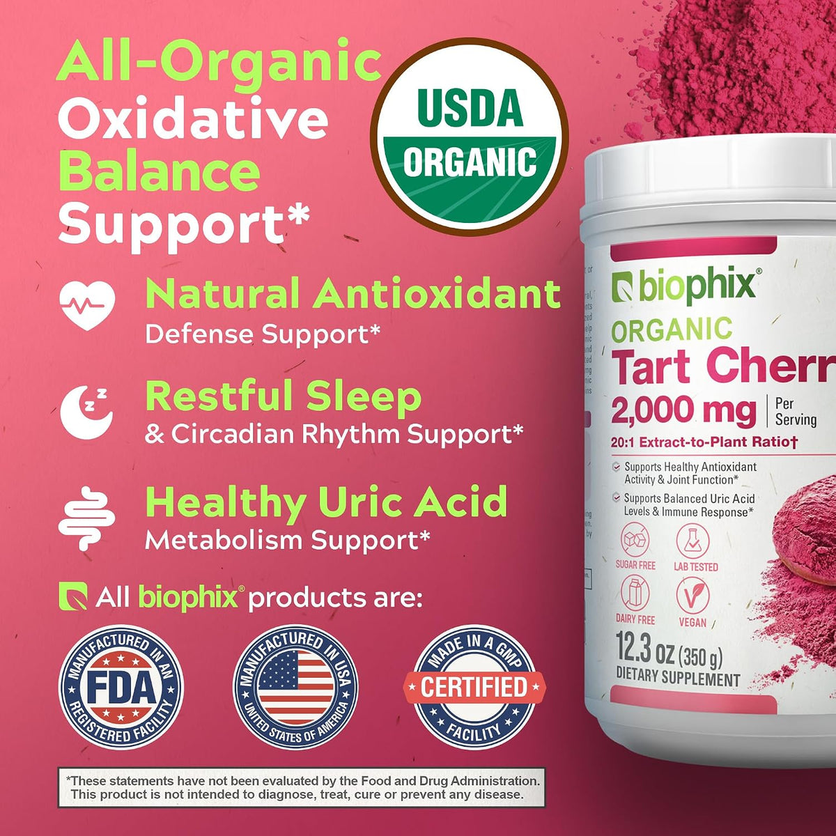 biophix Organic Tart Cherry Powder - 20:1 Extract, 350 g - Antioxidant-Rich Superfood - Supports Heart & Digestive Health - Natural Flavour - No Added Sugar - görsel 2