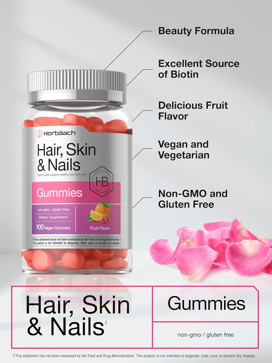 Horbäach Hair Skin and Nails Gummies – 100 Count – with Biotin – Fruit Flavoured Vitamins – Non-GMO, Gluten-free - görsel 4