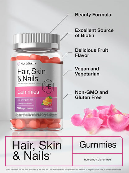 Horbäach Hair Skin and Nails Gummies – 100 Count – with Biotin – Fruit Flavoured Vitamins – Non-GMO, Gluten-free