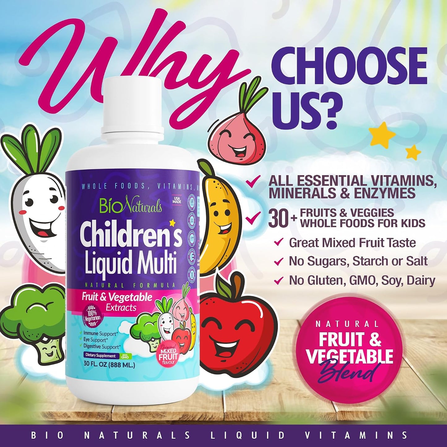 Bio Naturals Children's Liquid Multivitamin & Immune Booster - Natural Supplement for Kids & Toddlers with Vitamins A, B, C, D3, E, Fibre, Fruits & Vegetables - No Gluten, Sugar, Dairy, Soya - 30 oz - görsel 3