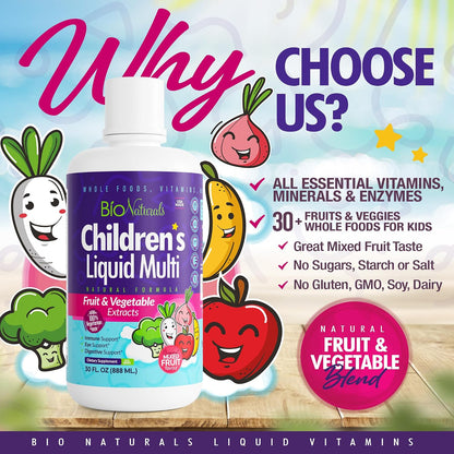 Bio Naturals Children's Liquid Multivitamin & Immune Booster - Natural Supplement for Kids & Toddlers with Vitamins A, B, C, D3, E, Fibre, Fruits & Vegetables - No Gluten, Sugar, Dairy, Soya - 30 oz