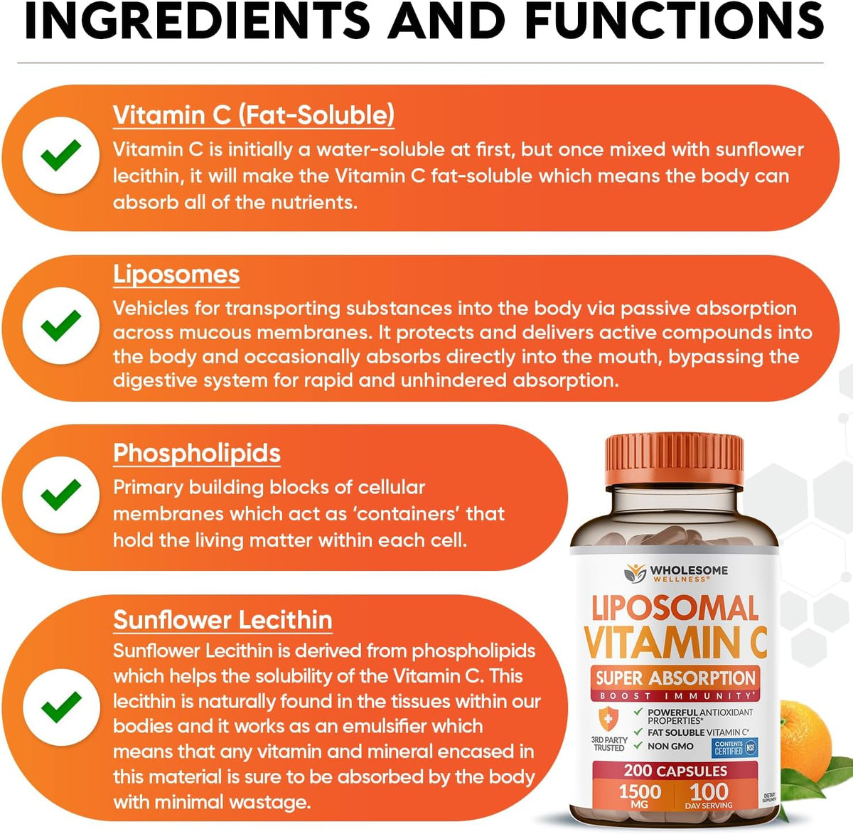 Wholesome Wellness Liposomal Vitamin C Capsules (200 Capsules, 1500mg per Serving) – High Absorption, Immune and Antioxidant Support - görsel 4