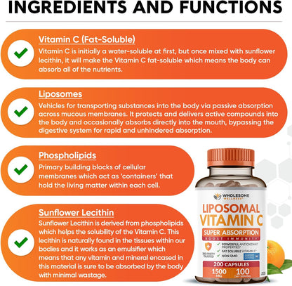 Wholesome Wellness Liposomal Vitamin C Capsules (200 Capsules, 1500mg per Serving) – High Absorption, Immune and Antioxidant Support