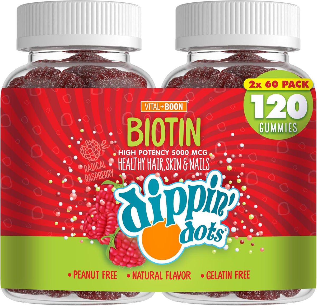 Dippin' Dots High Potency Biotin Gummies 5000mcg – Hair, Skin & Nails – Raspberry – 60-Day Supply (Pack of 2) - görsel 1