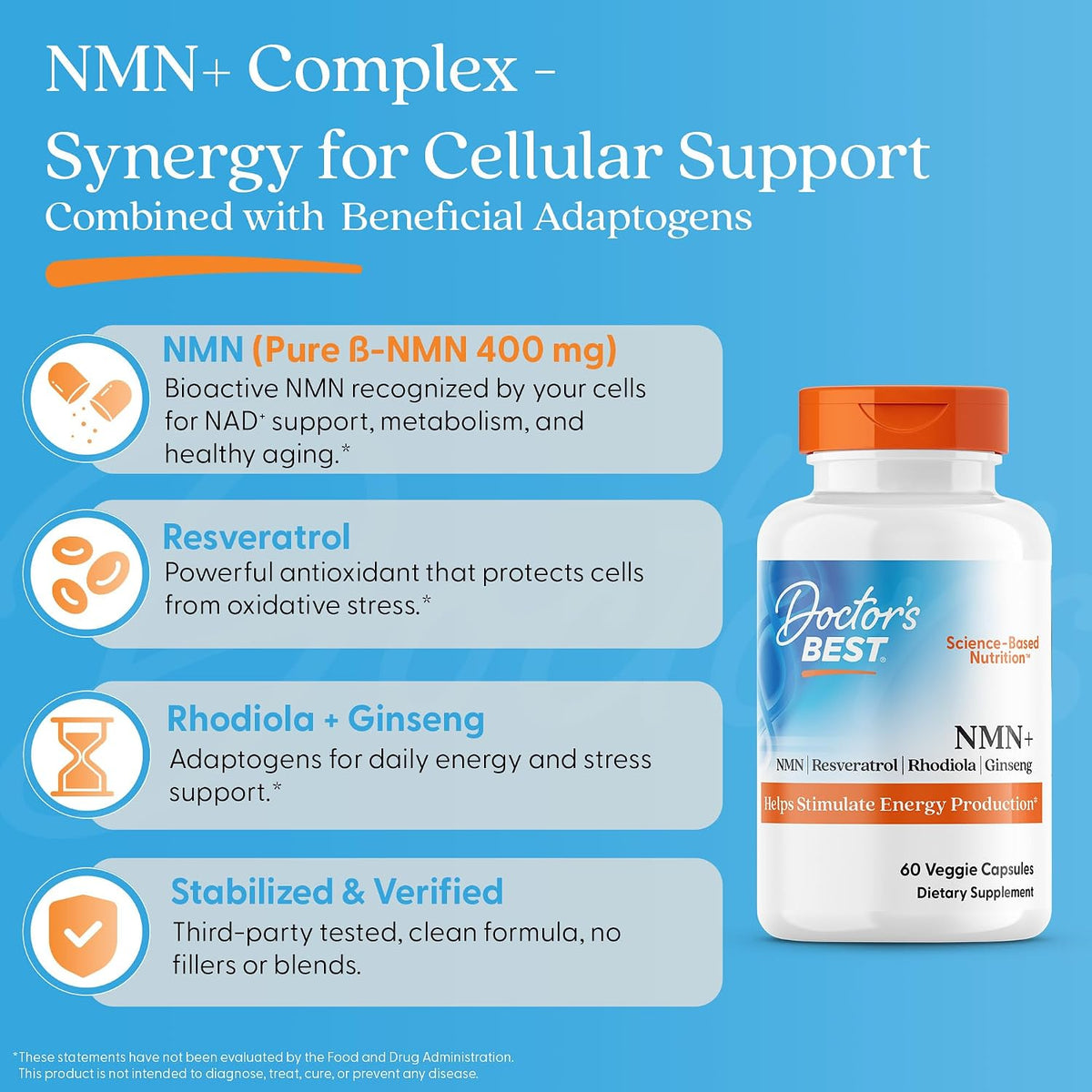 Doctor's Best NMN+ Complex Supplement - Supports NAD+ Production & Cellular Energy with Resveratrol, Rhodiola & Ginseng - 60 Veg Capsules - görsel 5
