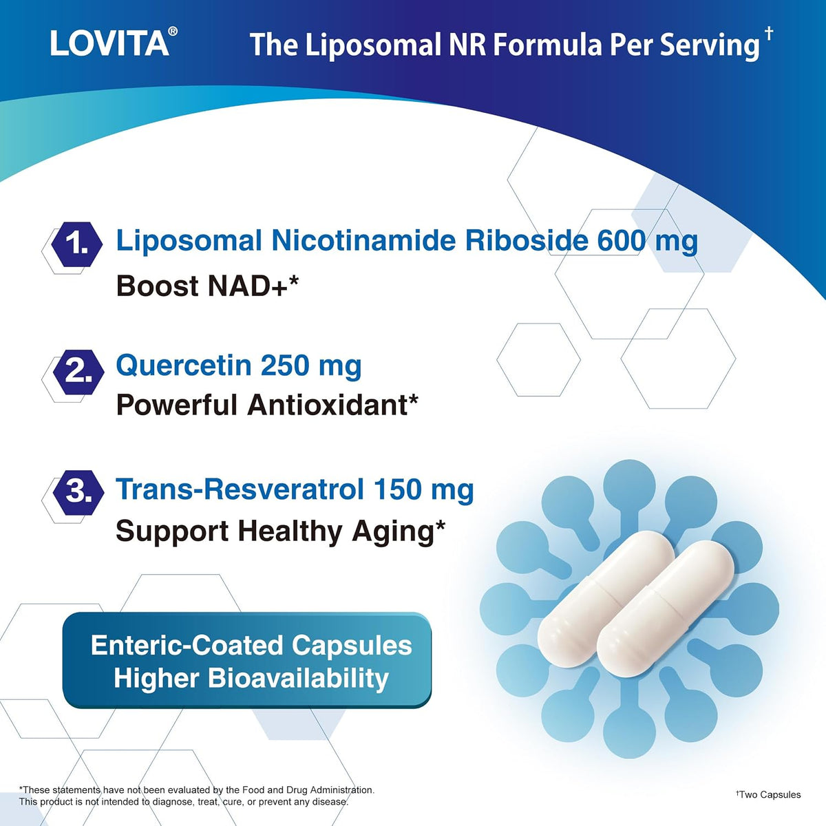 LOVITA Liposomal NR (Nicotinamide Riboside) 1000 mg with Quercetin & Trans-Resveratrol, Supports Cellular Health and Healthy Ageing, 100 Vegan Enteric-Coated Capsules - görsel 3