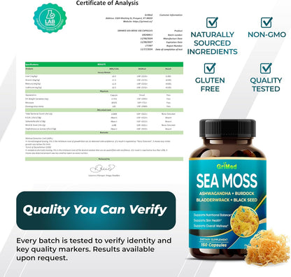 Premium Sea Moss with Ashwagandha, Burdock, Bladderwrack, and Black Seed – Immune, Digestive & Energy Support (150 Capsules)