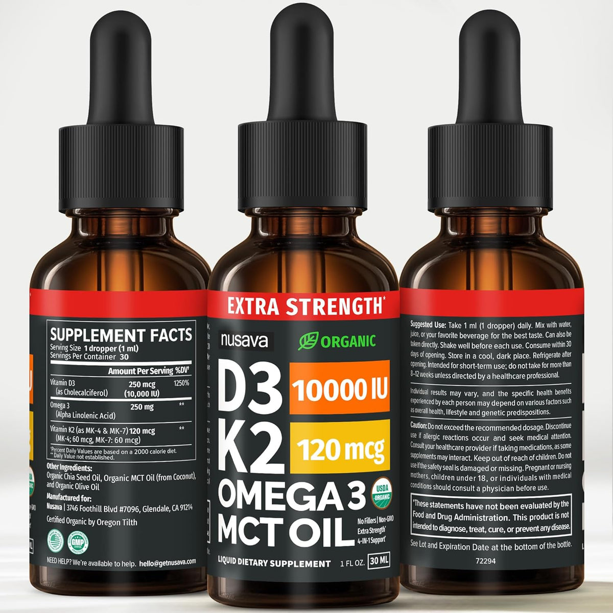 Extra Strength Organic Vitamin D3 K2 Drops with MCT Oil & Omega-3, 10000 IU - 2-Pack (2 fl oz, 60 Servings) - görsel 8