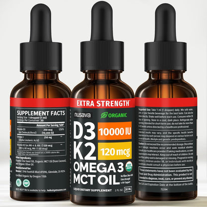 Extra Strength Organic Vitamin D3 K2 Drops with MCT Oil & Omega-3, 10000 IU - 2-Pack (2 fl oz, 60 Servings)