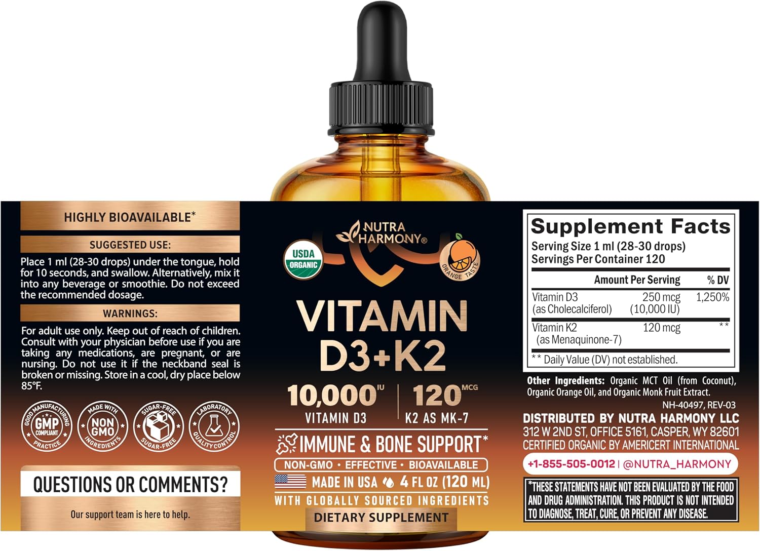 Vitamin D3 K2 USDA Organic Drops, 10000 IU D3 & 120 mcg K2 MK-7, Orange Flavour, 120 ml (120-Day Supply) - görsel 2