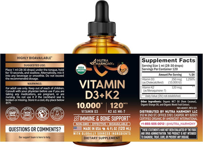 Vitamin D3 K2 USDA Organic Drops, 10000 IU D3 & 120 mcg K2 MK-7, Orange Flavour, 120 ml (120-Day Supply)
