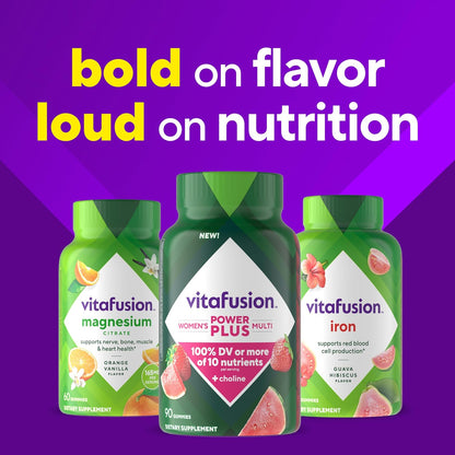 vitafusion Power Plus Women’s Multivitamin Gummies, 100% Nutrient Reference Value or More of 10 Nutrients, Helps Support Normal Energy Metabolism, Bone & Immune Health, Strawberry & Watermelon Flavour, 90 Gummies