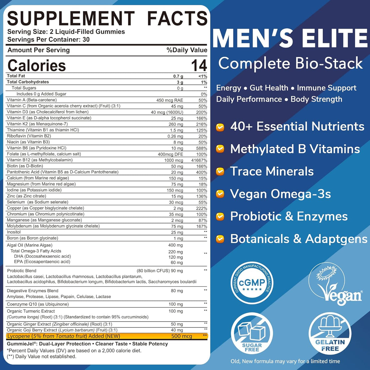 LILICARE Men's Multivitamin Gummies – Methylated B Complex, Omega-3, Probiotics & Enzymes, Sugar Free, Vegan (No Iron) 60 Count - görsel 2