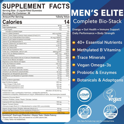 LILICARE Men's Multivitamin Gummies – Methylated B Complex, Omega-3, Probiotics & Enzymes, Sugar Free, Vegan (No Iron) 60 Count