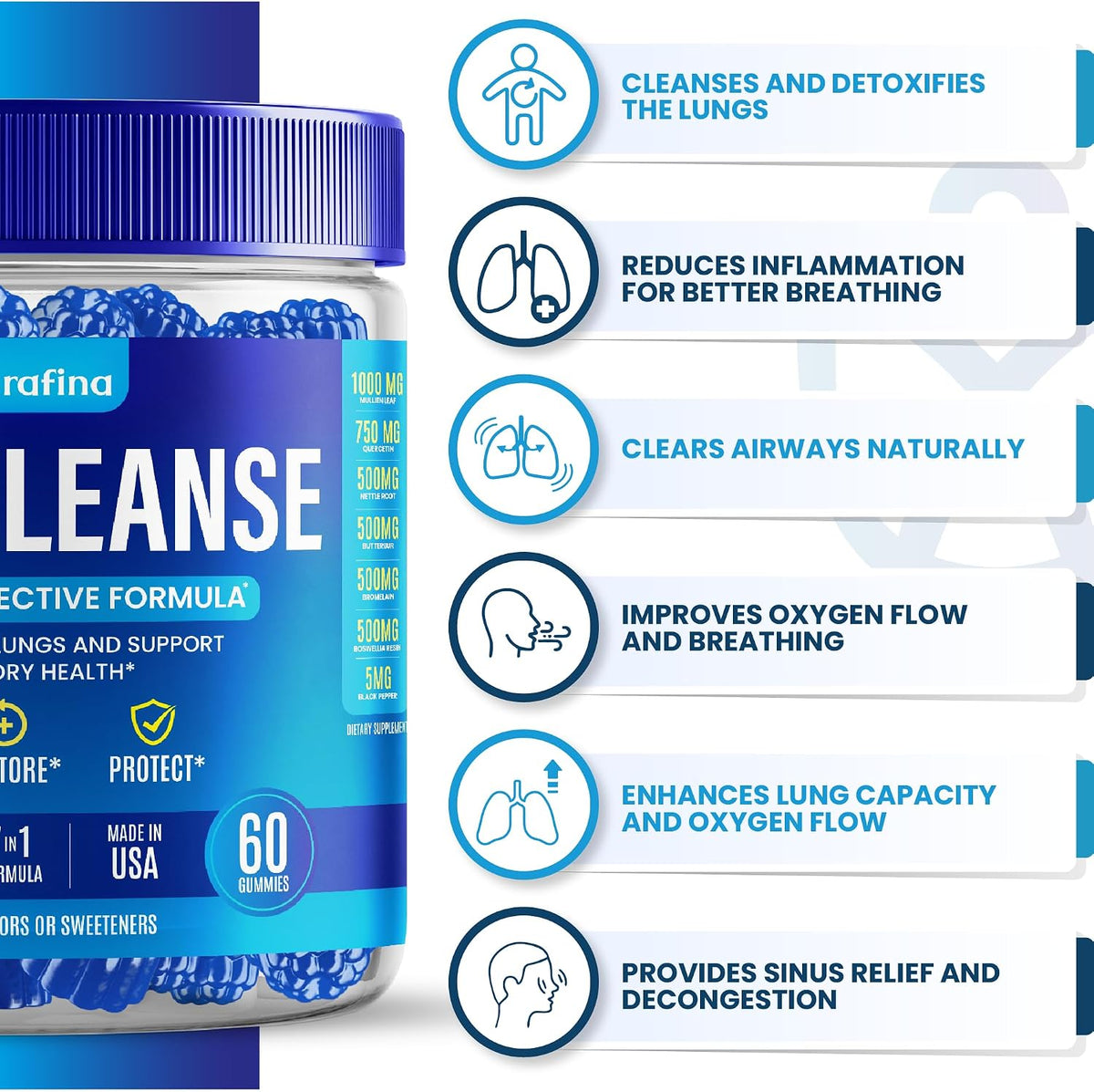 Purafina Lung Cleanse Gummies - 7-in-1 Respiratory and Lung Health Support with Organic Mullein Leaf Extract, Quercetin, Nettle Root, Boswellia, Bromelain - Non-GMO (60 Gummies) - görsel 3