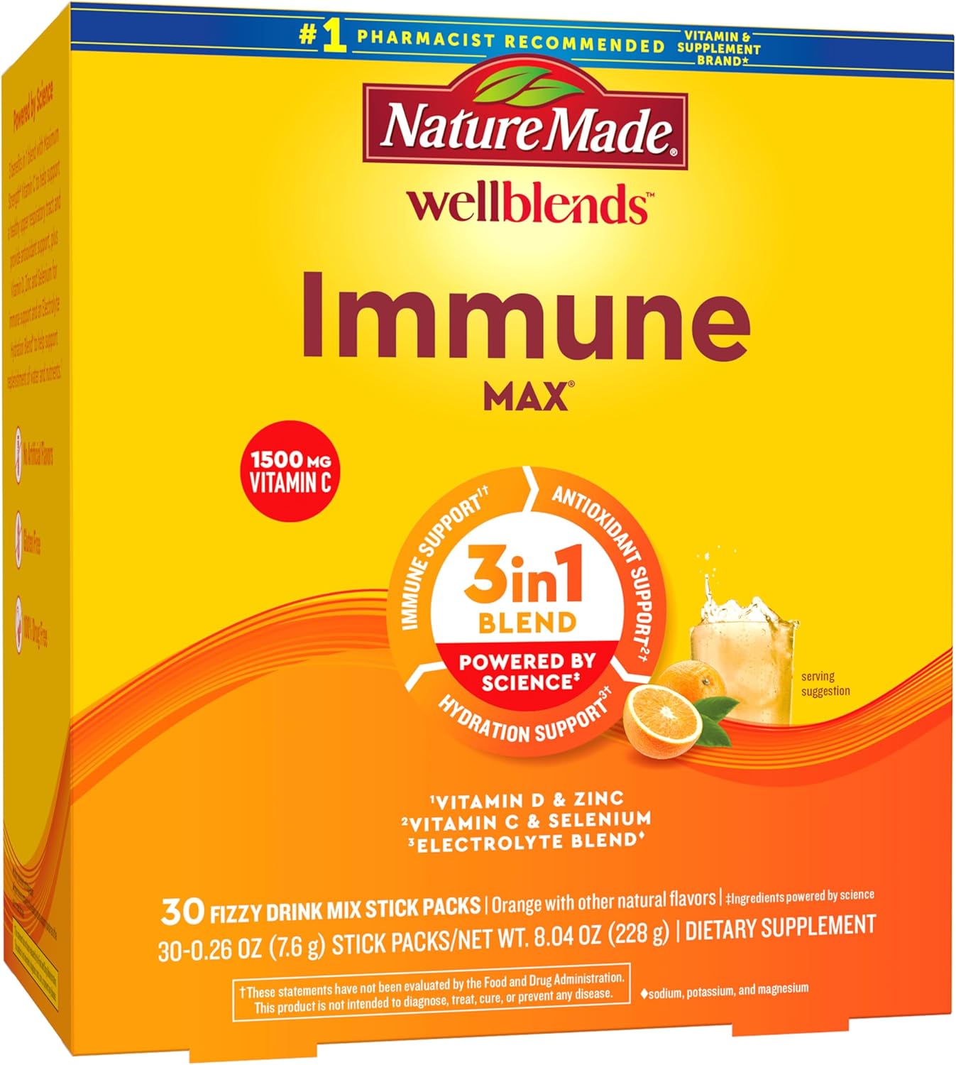 Nature Made Wellblends ImmuneMAX Fizzy Drink, Vitamin C 1500mg with Zinc 15mg, Vitamin D, Selenium, B Vitamins & Electrolyte Hydration Blend, 30 Sachets, Orange - görsel 1