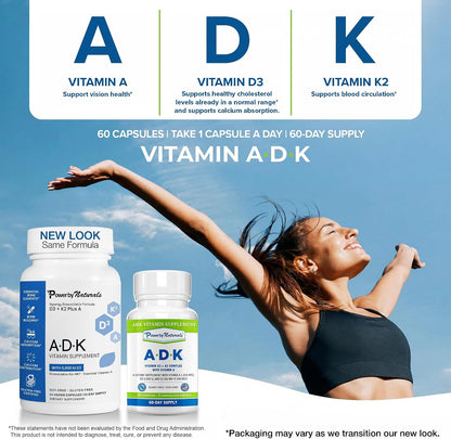 Power By Naturals ADK Vitamin Supplement – Vitamins A, D3 & K2 MK-7 for Bone Health & Calcium Absorption – 120 Capsules (Pack of 2)