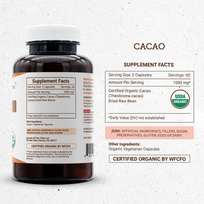 Cacao Organic Capsules | Certified Organic Vegetarian Capsules, Herbal Food Supplement | Theobroma Cacao Dried Raw Beans (120 Count)