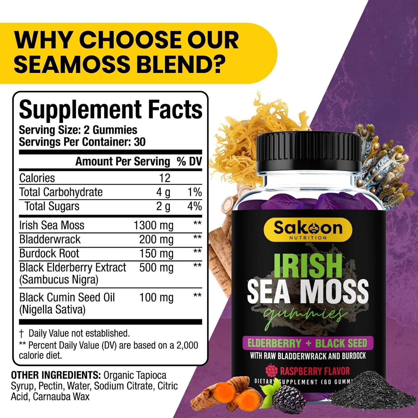 Irish Seamoss Gummies with Elderberry & Black Seed Oil, Bladderwrack - Raspberry, 60 Gummies - görsel 3
