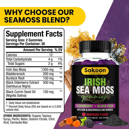 Irish Seamoss Gummies with Elderberry & Black Seed Oil, Bladderwrack - Raspberry, 60 Gummies