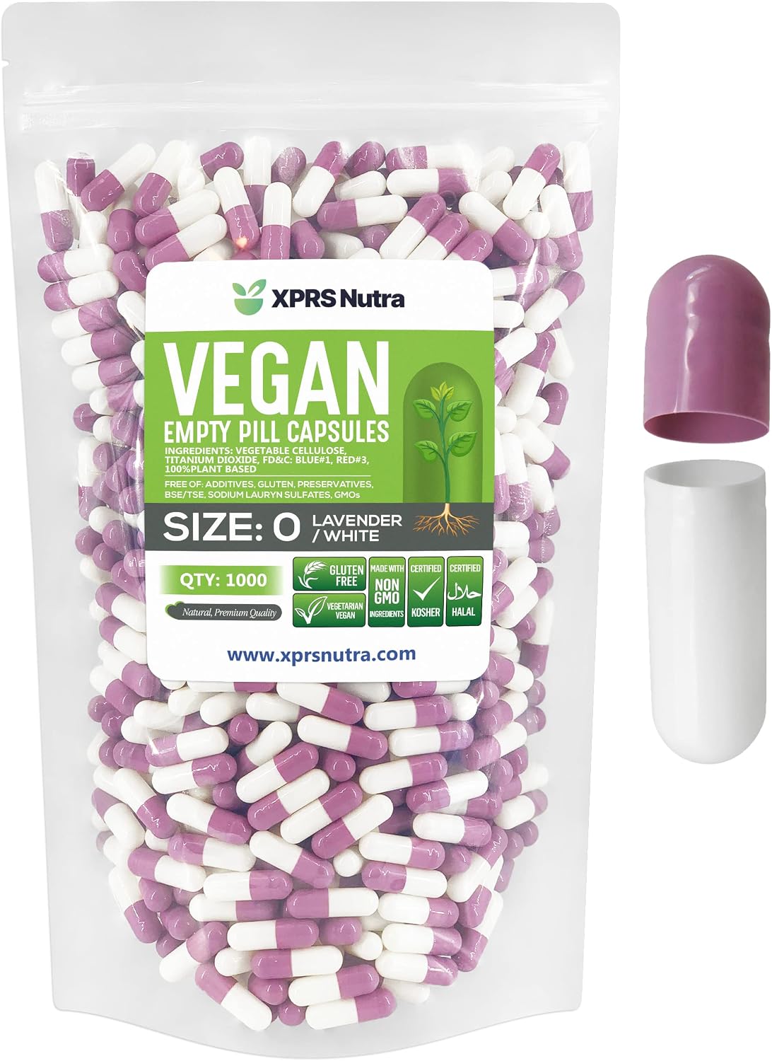XPRS Nutra Size 0 Empty Capsules - 1000 Count Vegan Capsules - Vegetarian Capsules - DIY Vegetable Capsule Filling - Veggie Caps for Homemade Supplements (Lavender/White) - görsel 1