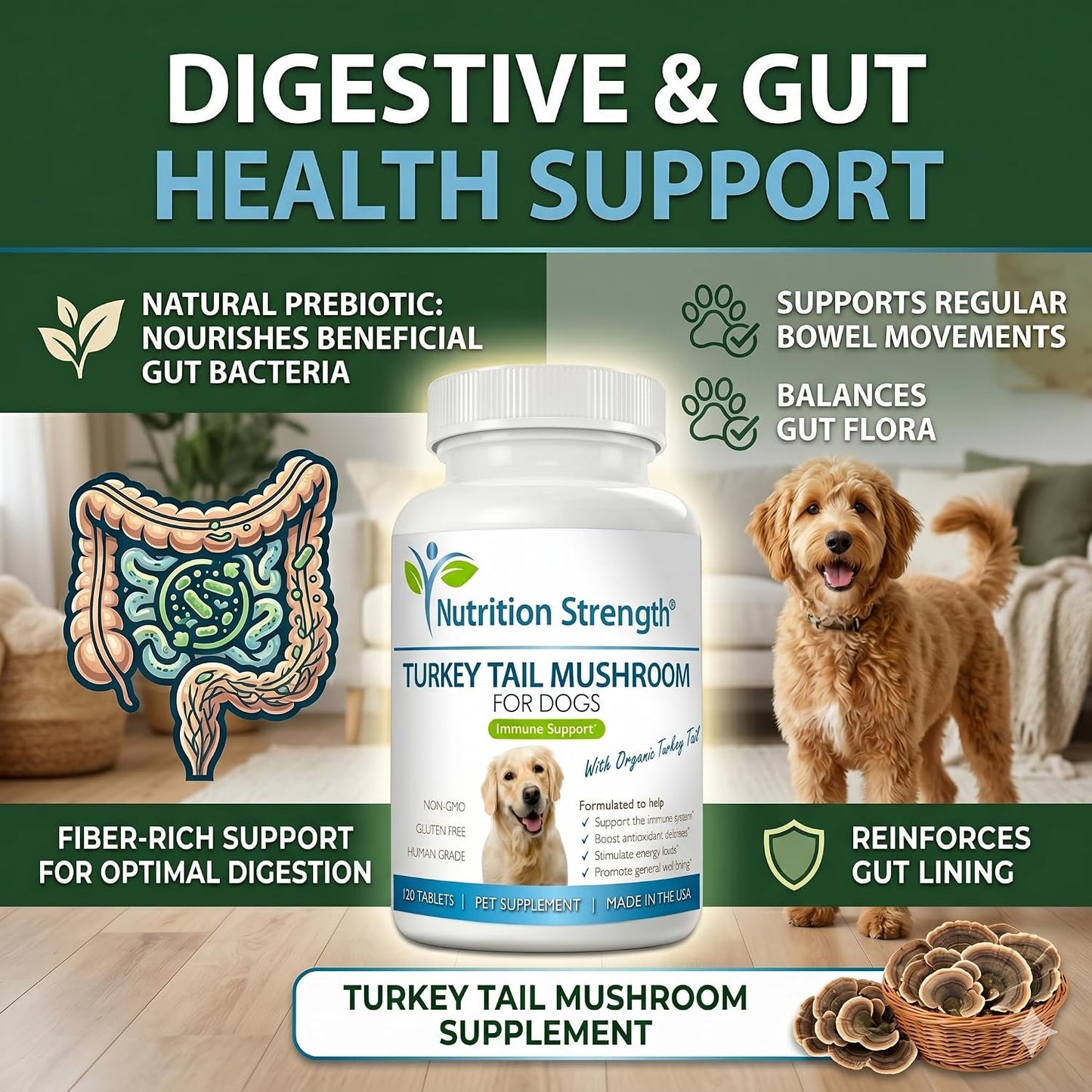 Nutrition Strength Organic Turkey Tail Mushroom for Dogs - 500mg Immune Support - 120 Chewable Tablets - görsel 4