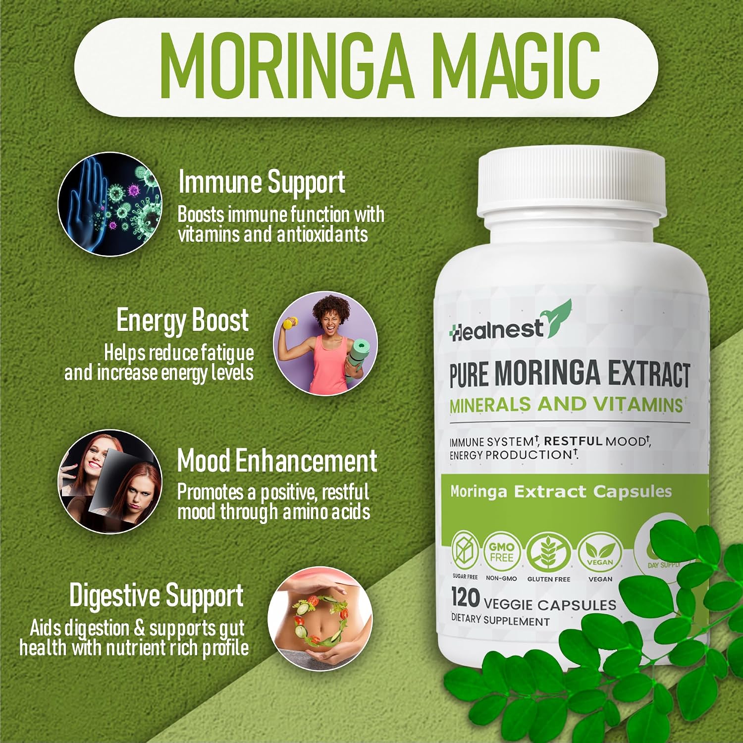 Pure Moringa Extract Capsules – 20:1 Potent Formula – Vegan Superfood Supplement – 120 Capsules - görsel 4