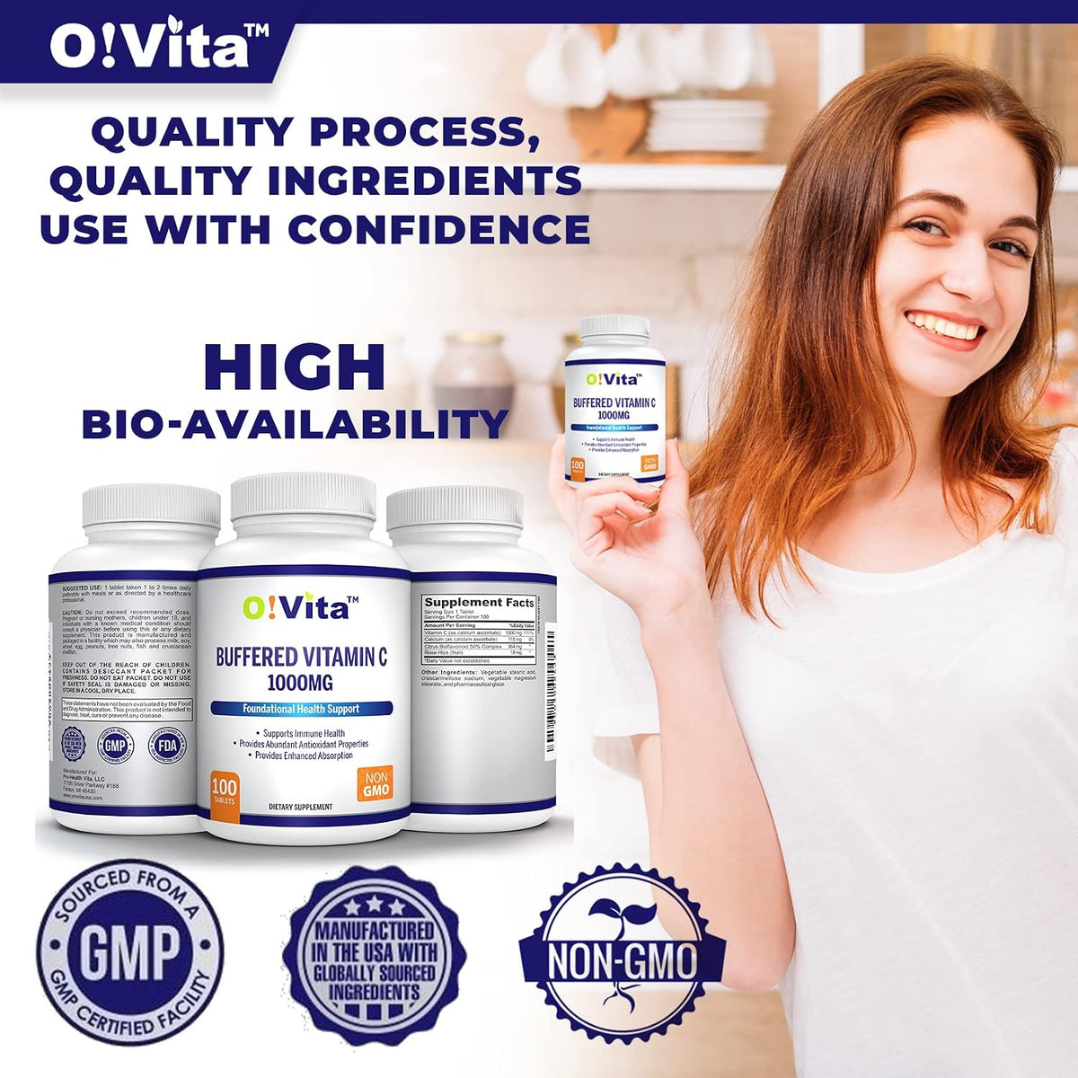 O!VITA Buffered Vitamin C 1000mg – Non-GM Tablets for Immune System Support, 100 Tablets - görsel 3