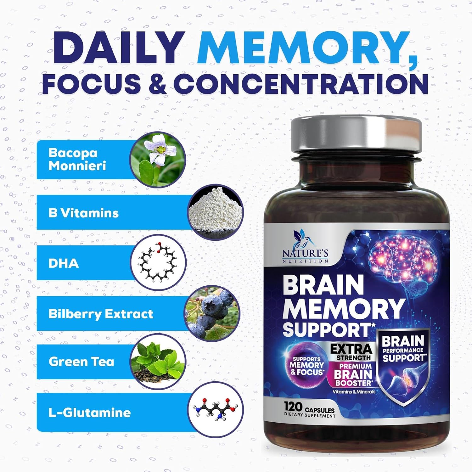 Nature's Nutrition Brain Memory Supplement - Triple Strength Nootropics for Concentration, Clarity and Focus Support – 120 Capsules - görsel 7
