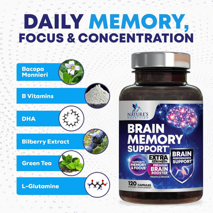 Nature's Nutrition Brain Memory Supplement - Triple Strength Nootropics for Concentration, Clarity and Focus Support – 120 Capsules