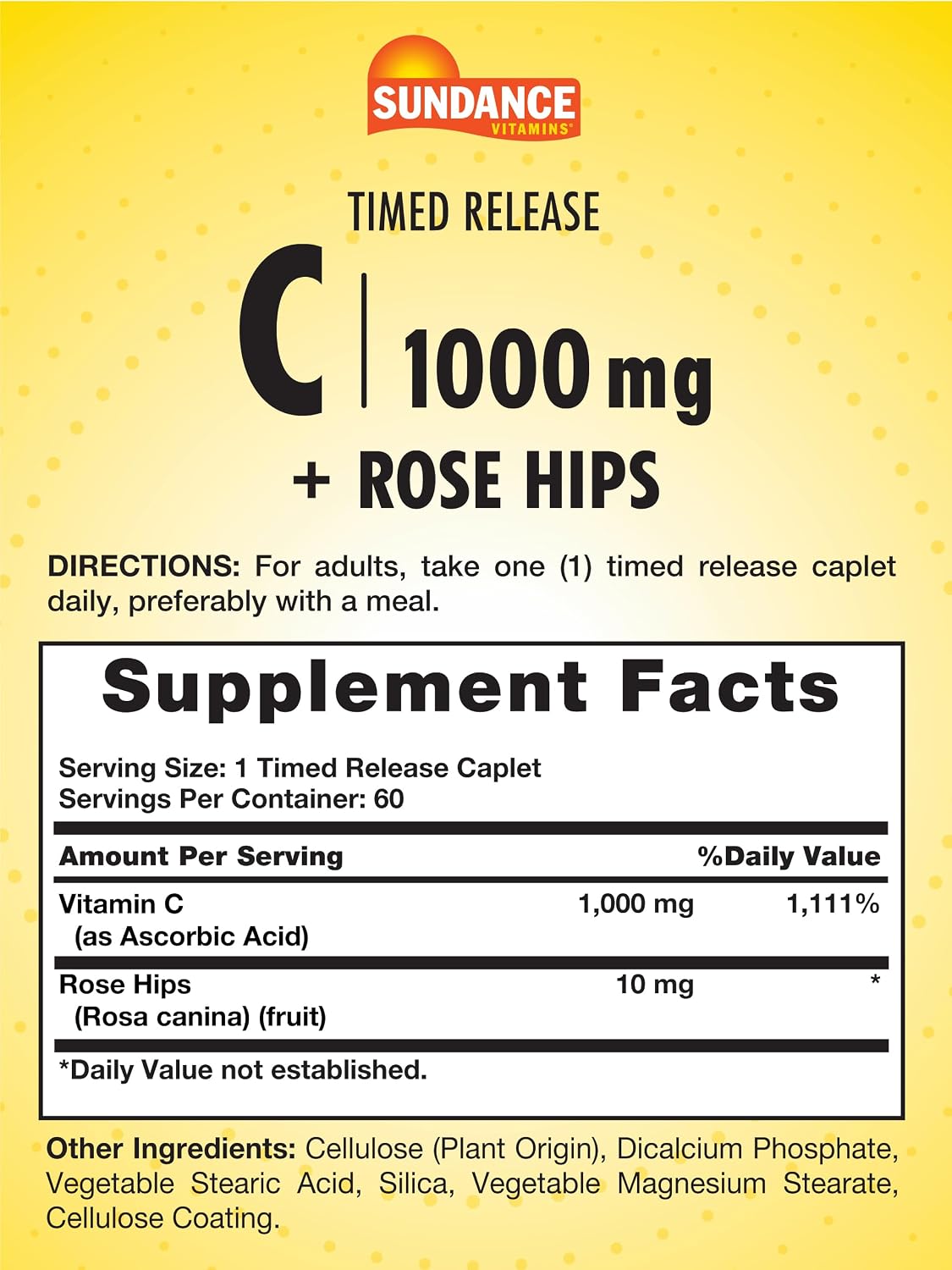 Sundance Vitamin C 1000mg with Rose Hips - 60 Coated Caplets - Timed-Release - Vegetarian, Non-GM, Gluten-Free - görsel 2