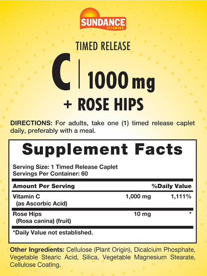 Sundance Vitamin C 1000mg with Rose Hips - 60 Coated Caplets - Timed-Release - Vegetarian, Non-GM, Gluten-Free