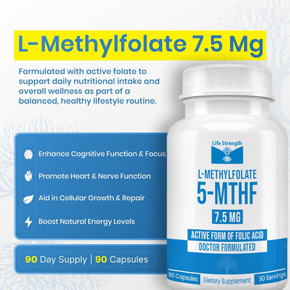 LifeStrength L-Methylfolate 7.5mg – 90 Capsules, Optimised & Highly Bioactive Methyl Folate Supplement