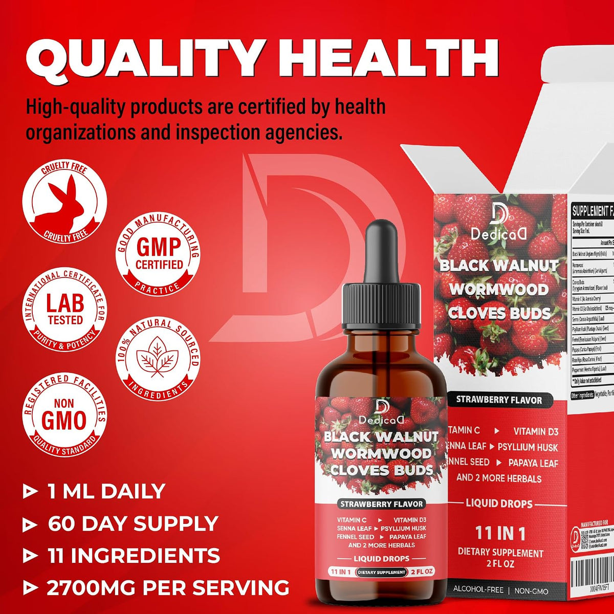 DEDICAD 11in1 Black Walnut Wormwood Cloves Liquid Drops - Strawberry Flavour, 60 ml (60 Days) - görsel 7
