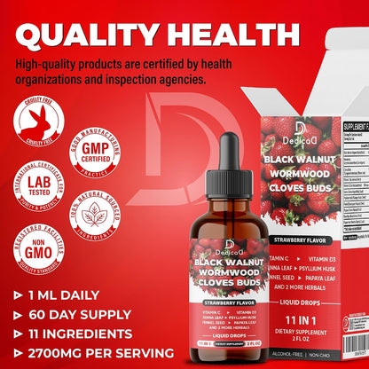 DEDICAD 11in1 Black Walnut Wormwood Cloves Liquid Drops - Strawberry Flavour, 60 ml (60 Days)
