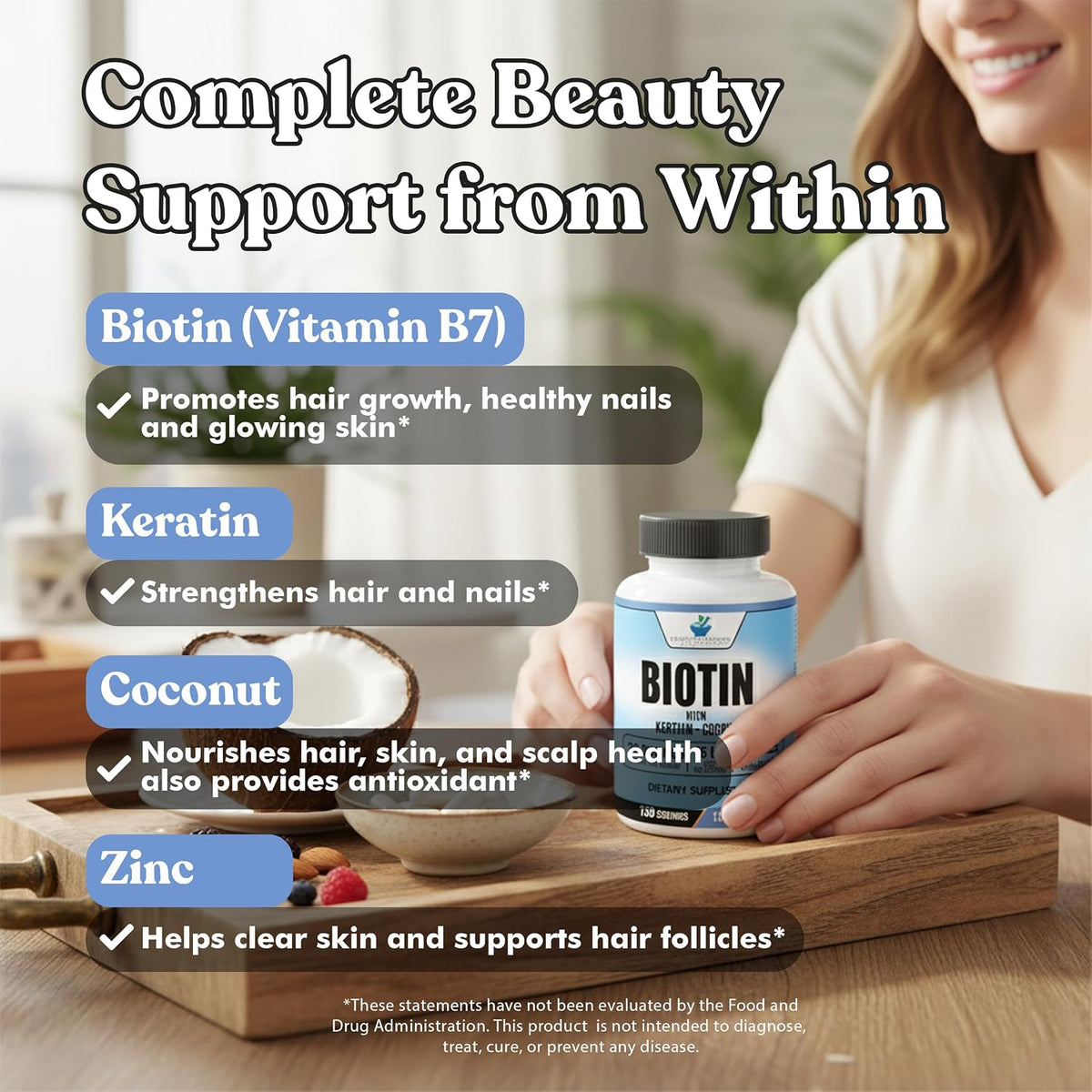 American Standard Supplements Biotin 20,000mcg with Keratin, Coconut & Zinc - 120 Veggie Capsules - görsel 7