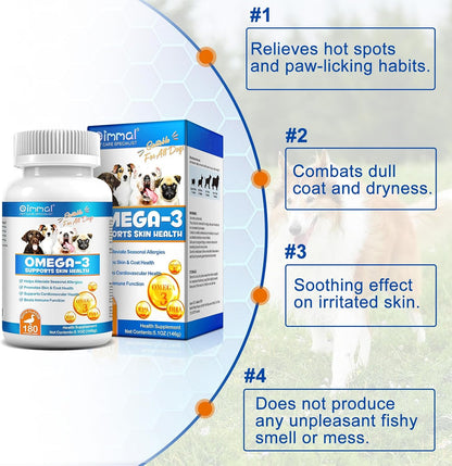 Omega-3 for Dogs - 180 Omega-3 Fish Oil Tablets for Dogs Supports Seasonal Allergy Relief, Itchy Skin Relief & Promote Coat Health, Pet Dog Fish Supplements with Omega-3, 6, 9 and Vitamin E - 180 Tablets