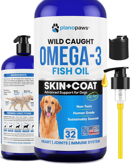 PlanoPaws Omega 3 Fish Oil for Dogs - Liquid Supplement for Skin and Coat, Joints, Brain and Heart Health