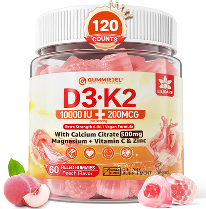 Vitamin D3 K2 Gummies with Calcium, Magnesium, Zinc - 5000 IU / 10,000 IU - Vegan, Sugar-Free, 60 Count