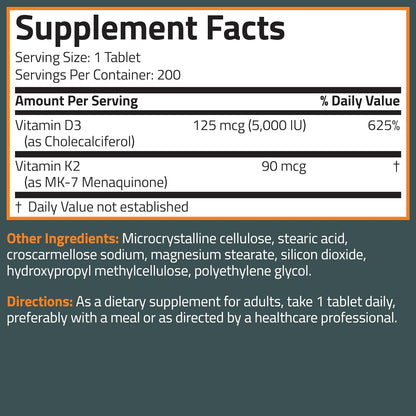Bronson Vitamin K2 D3 (MK7) Supplement - 5000 IU D3 & 90 mcg K2 MK-7, 200 Tablets