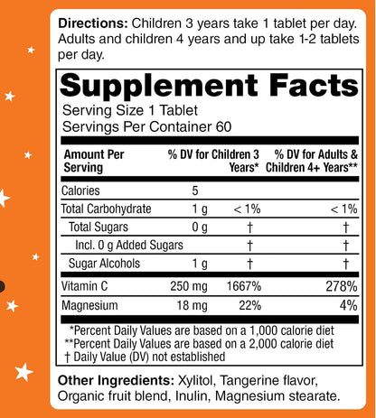 KidStar Nutrients Vitamin C Chewable Tablet, Sugar-Free, Tangerine Flavour, 250mg Magnesium Ascorbate, 60 Tablets