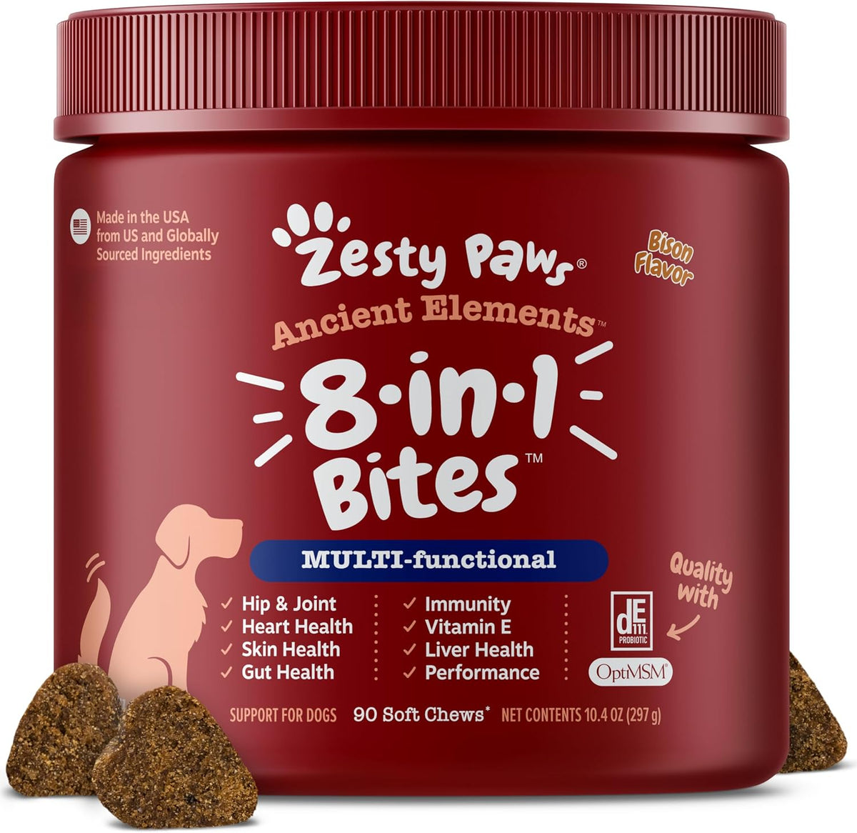 Zesty Paws Dog Multivitamin – 8-in-1 Chewable Supplement with Glucosamine, Omega-3 & Probiotics – Bison – 90 Count - görsel 1