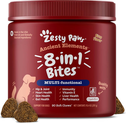 Zesty Paws Dog Multivitamin – 8-in-1 Chewable Supplement with Glucosamine, Omega-3 & Probiotics – Bison – 90 Count