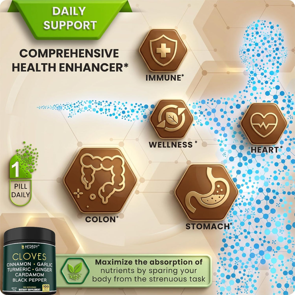 7in1 Clove Supplement 500mg - Rich in Vitamins and Minerals, Supports Digestion, Immune and Heart Health - Contains Cinnamon, Turmeric, Ginger, Cardamom, Garlic and Black Pepper - 100 Vegan Capsules - görsel 3