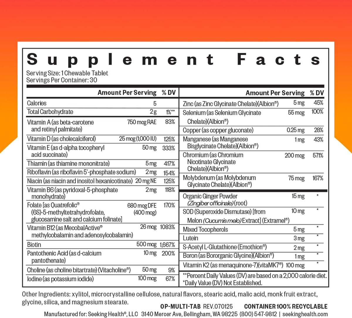 Seeking Health Optimal Multivitamin Chewable - Immune Support Food Supplement with L-5-MTHF, Vitamin B12 & Vitamin D3 - Multivitamin with Antioxidant Ingredients for Energy Support - 30 Chewable Tablets - görsel 2