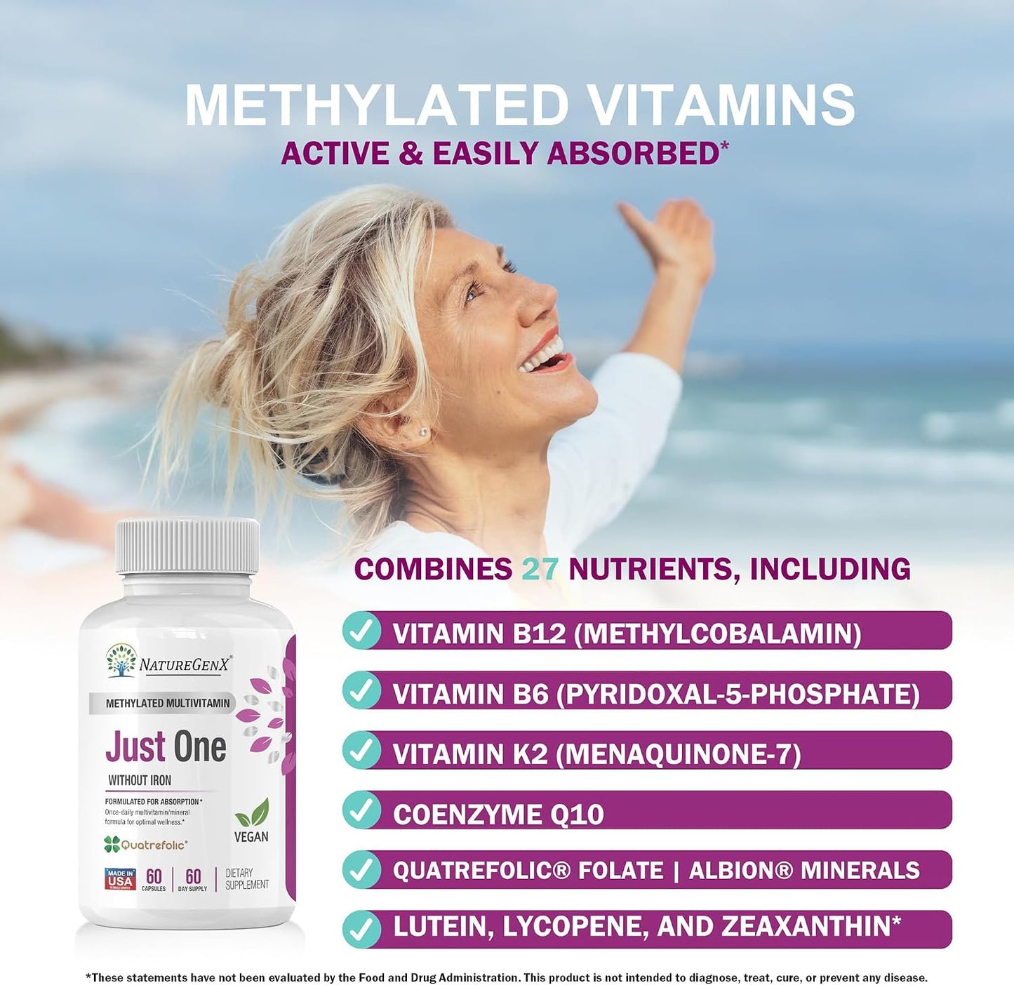 NatureGenX Just One Daily Methylated Multivitamin - Iron-Free, Methyl B12 & Quatrefolic Methylfolate, 120 Vegan Capsules (4-Month Supply) - görsel 2