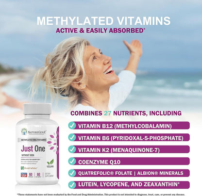 NatureGenX Just One Daily Methylated Multivitamin - Iron-Free, Methyl B12 & Quatrefolic Methylfolate, 120 Vegan Capsules (4-Month Supply)