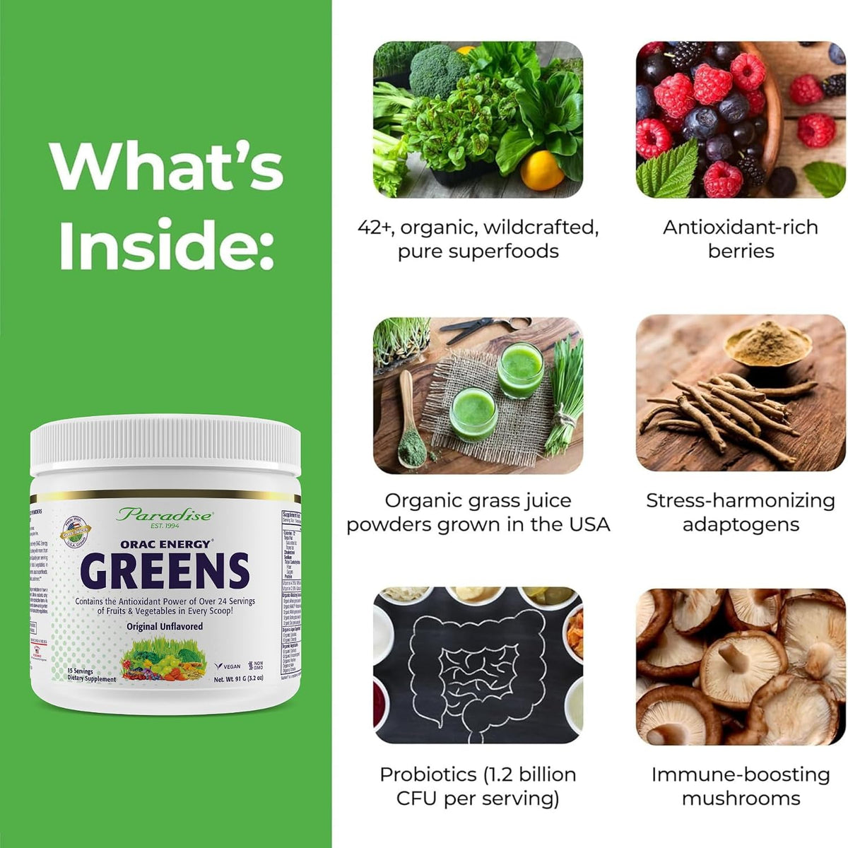 Paradise Herbs ORAC Energy Greens Powder - Antioxidant Superfood Blend, 15 Servings - görsel 3